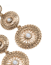 Antique Gold Graduating Disc & Pearl Drop Earrings - link has visual effect only