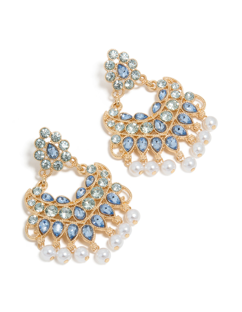 Beautiful gold blue diamante and pearl statement drop earrings front view