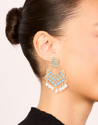 Gold Blue Diamante & Pearl  Statement Drop Earrings - link has visual effect only