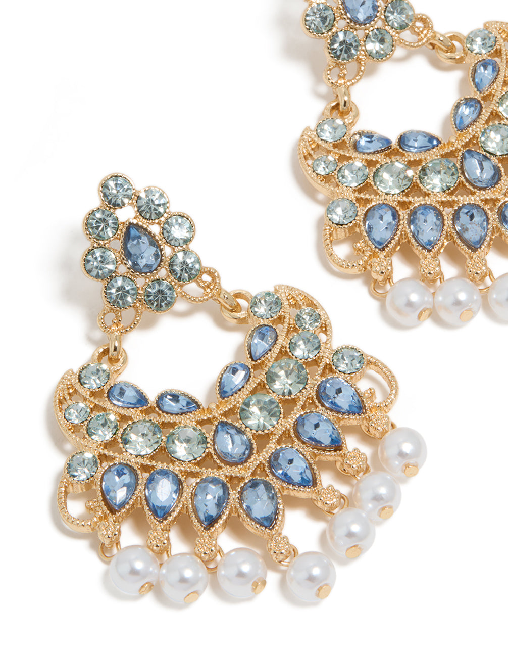 Gorgeous gold blue diamante and pearl statement drop earrings close up view