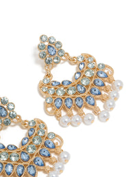 Gold Blue Diamante & Pearl  Statement Drop Earrings - link has visual effect only