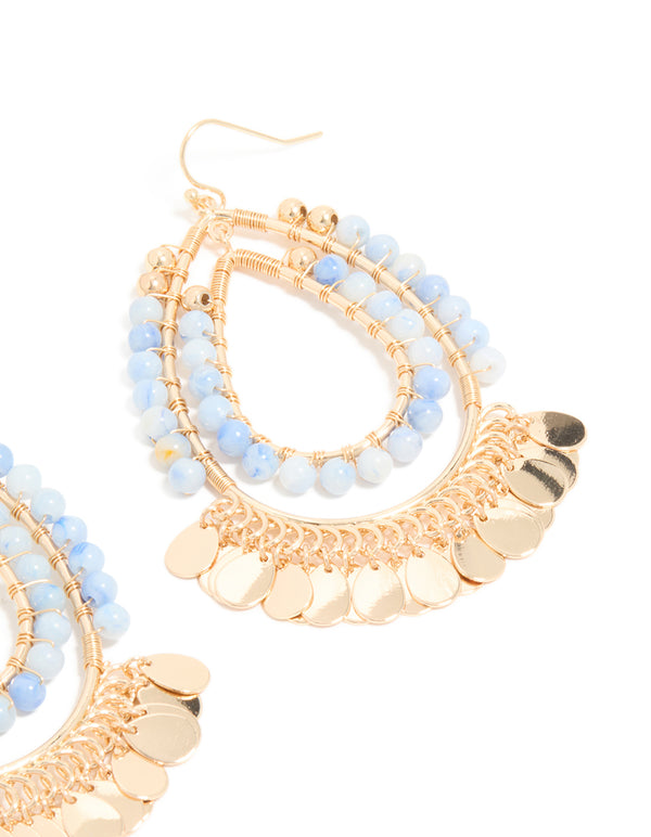 Blue Beaded & Gold Disc Layered Teardrop Earrings