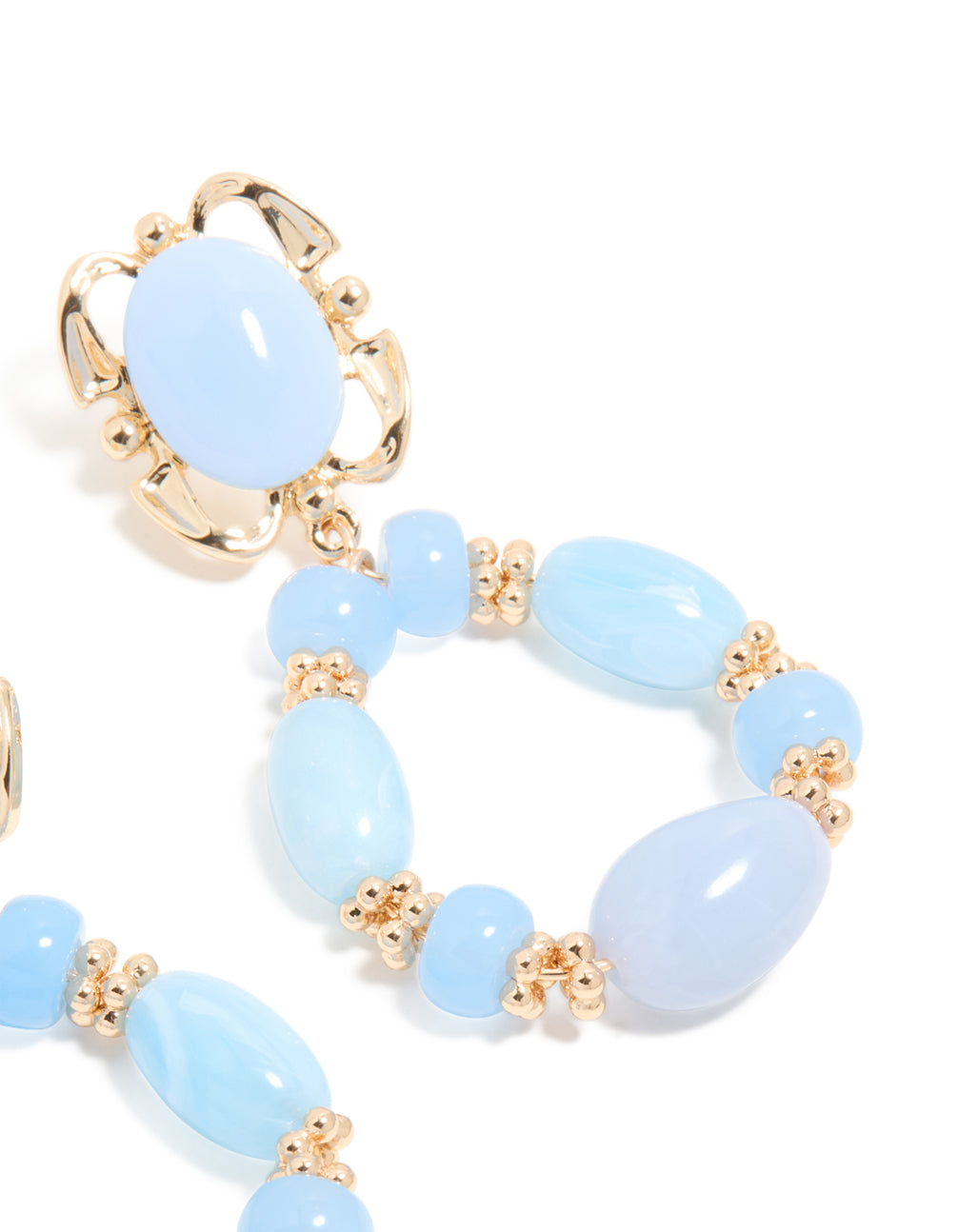 Beautiful gold light blue beaded oval drop earrings showcasing craftsmanship in post detail view