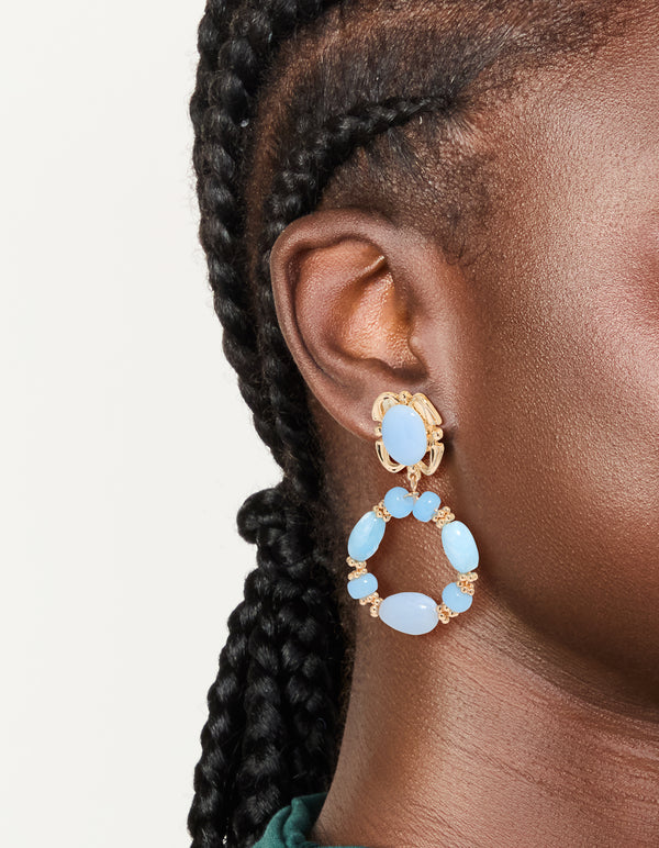 Gold Light Blue Beaded Oval Drop Earrings