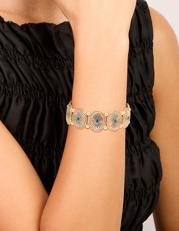 Antique Gold Blue Oval Disc Boho Stretch Bracelet