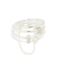 Silver Plated Cubic Zirconia Loop Linked Stacking Ring Set - link has visual effect only