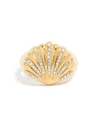 Waterproof gold plated stainless steel shell large ring with ocean-inspired in chunky style front view - link has visual effect only