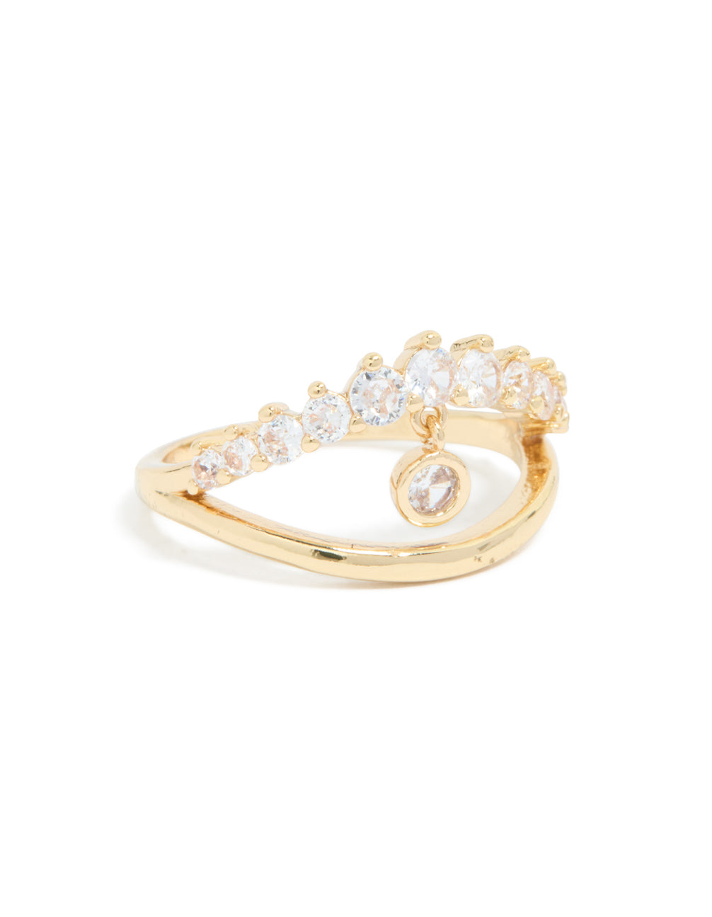 Elegant gold plated cubic zirconia split charm ring with clear stones side detail view