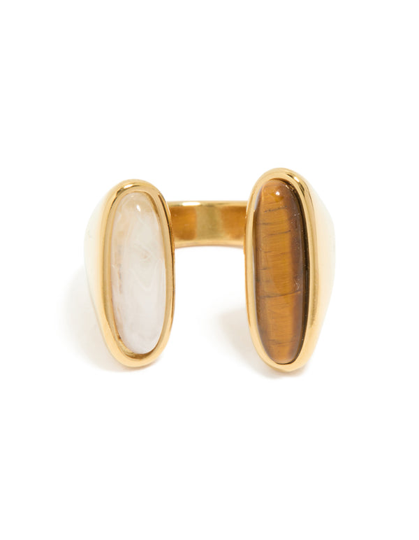 Designed with waterproof gold plated stainless steel, this open double stone ring in statement style front view