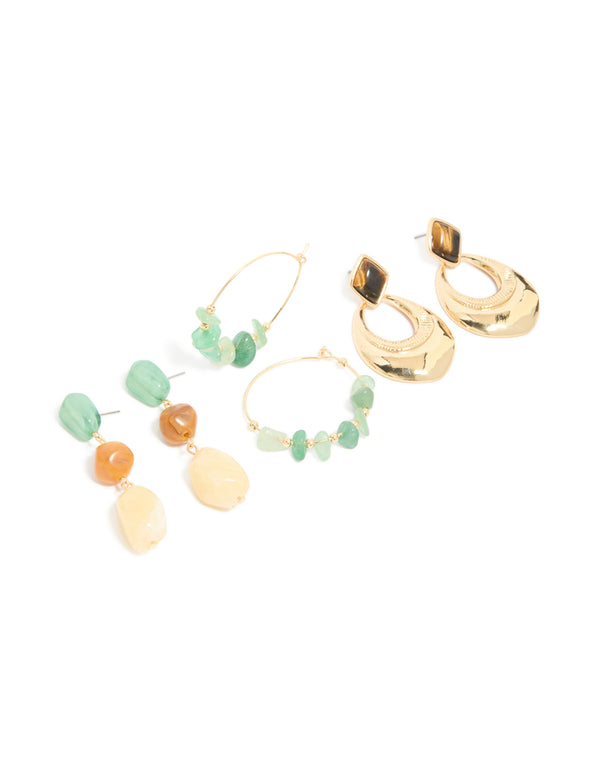 Gold & Green Acrylic Drop & Hoop Earrings 3-Pack