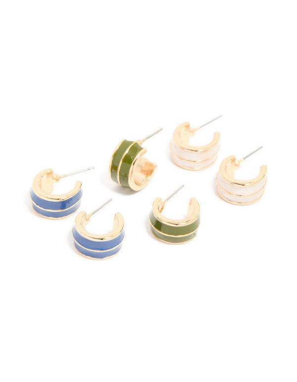 Gold Blue &  Green Enamel Small Hoop Earrings 3-Pack