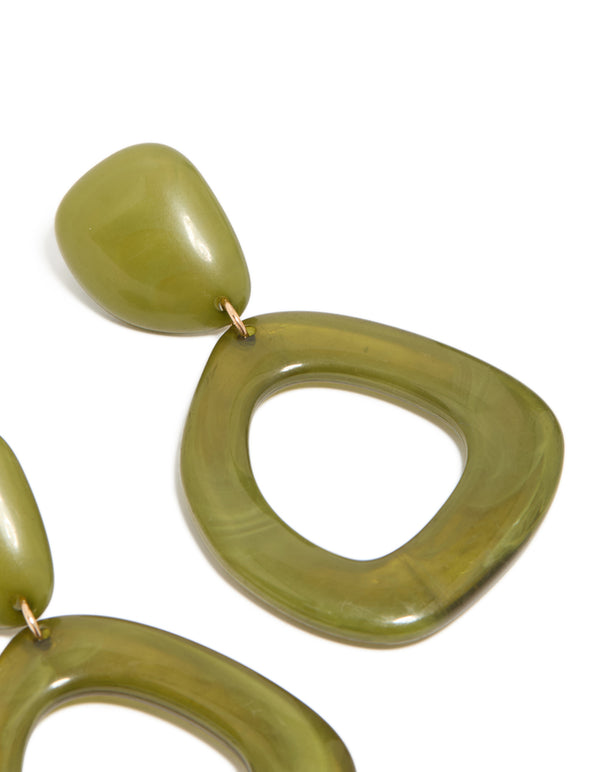 Crafted from organic green acrylic, these open oval drop earrings feature statement style in olive post detail view