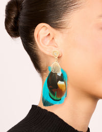 Gold Brown & Blue Feather Drop Earrings - link has visual effect only