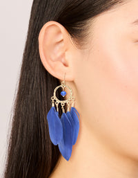 Gold Dark Blue Feather Dreamcatcher Earrings - link has visual effect only