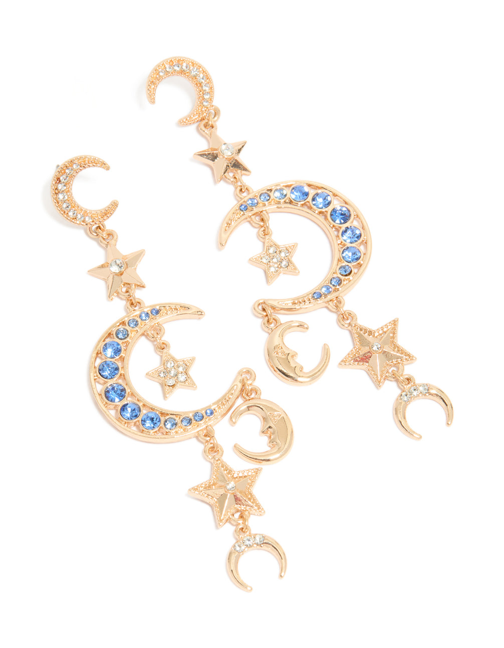 Elegant statement gold and blue diamante drop earrings featuring celestial charm with moon and star motifs front view