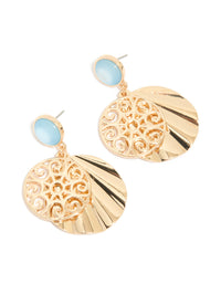 Gold Blue Circle & Swirl Drop Earrings - link has visual effect only