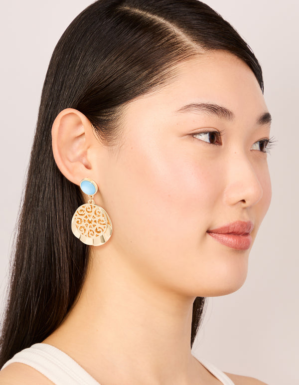 Gold Blue Circle & Swirl Drop Earrings