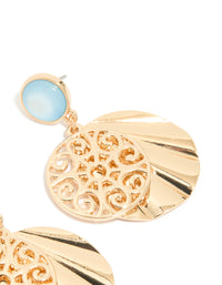 Gold Blue Circle & Swirl Drop Earrings - link has visual effect only