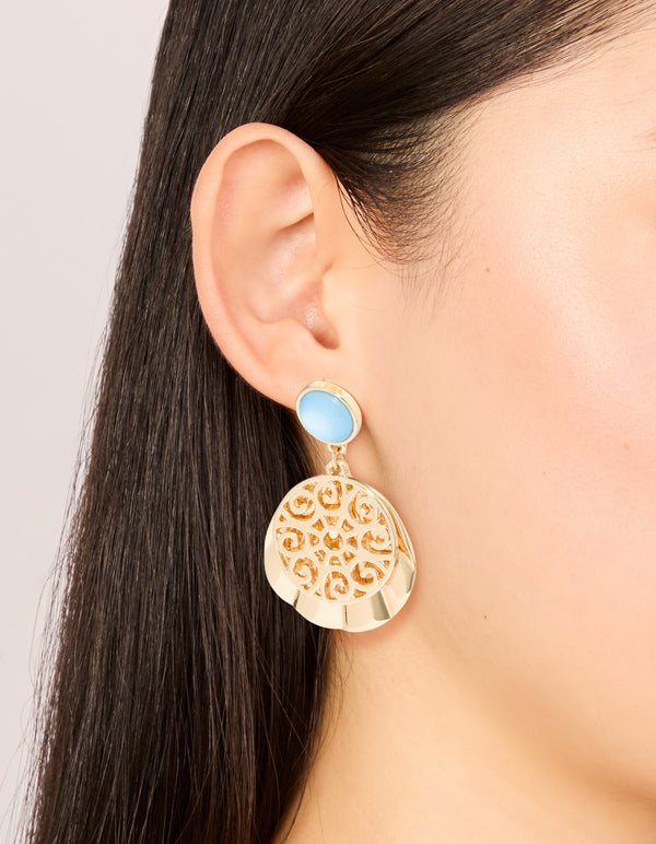 Gold Blue Circle & Swirl Drop Earrings