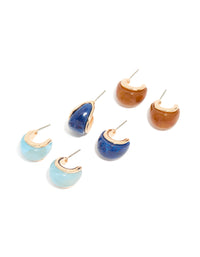 Gold Blue & Brown Enamel Bubble Hoop Earrings 3-Pack - link has visual effect only