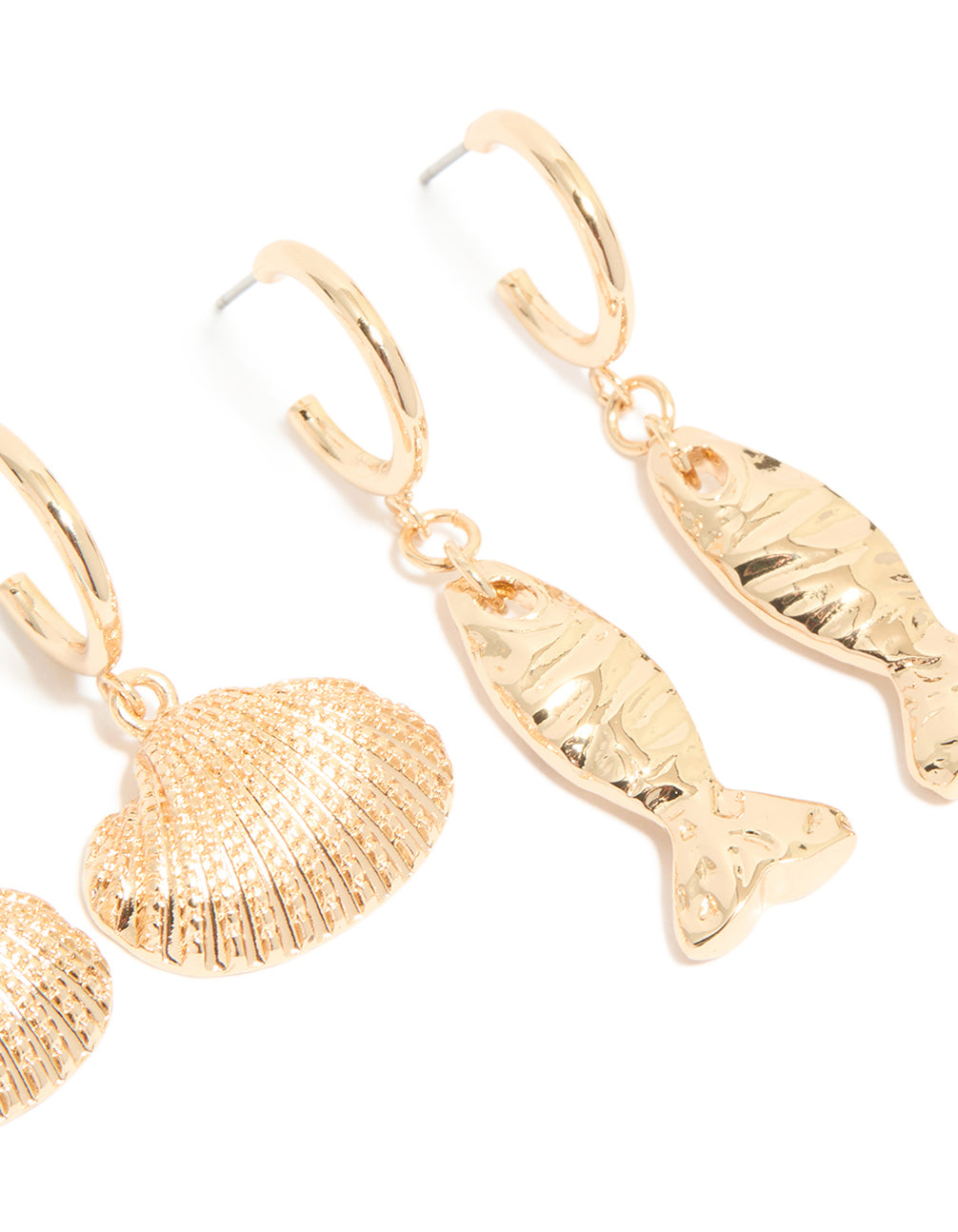 Crafted from gold sea life huggie earrings in a 3-pack featuring ocean shell and animal design post detail view