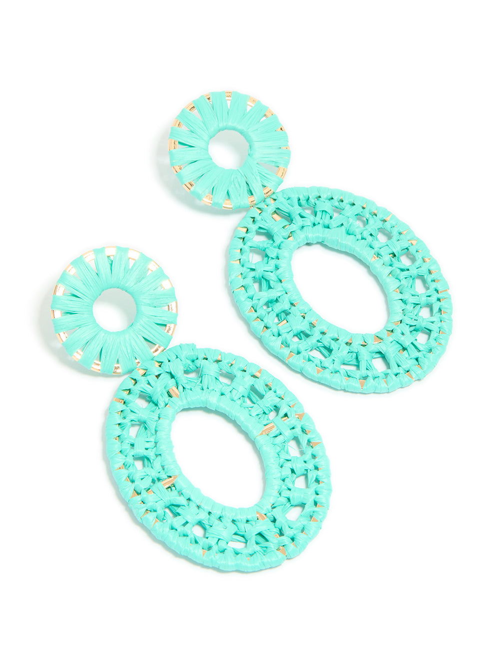 Featuring aqua blue paper patterned oval drop earrings with statement style in medium turquoise and gold front view