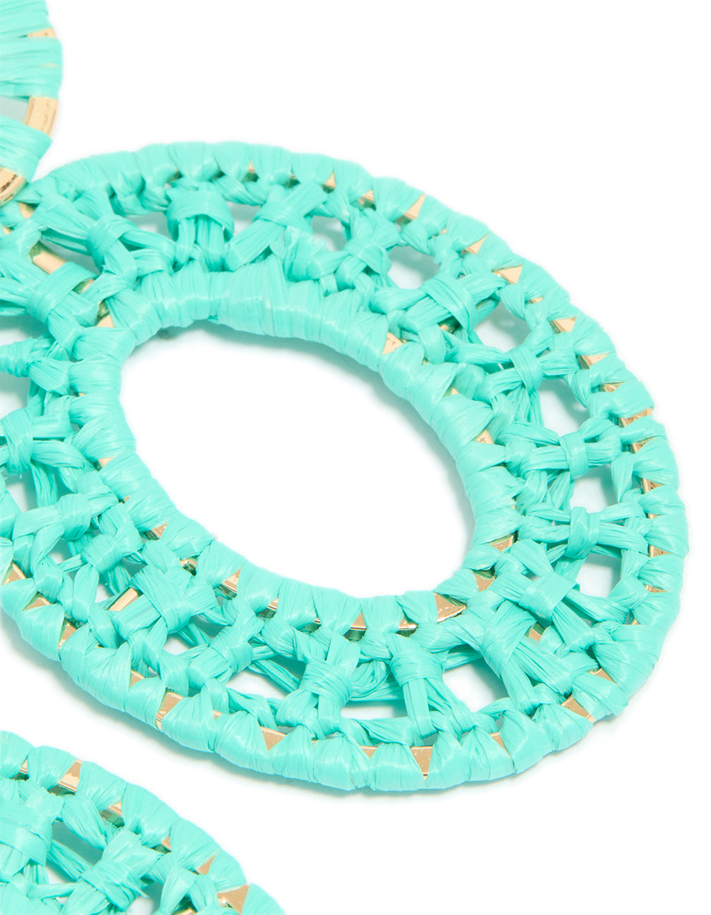 Crafted with aqua blue paper in a patterned oval drop design featuring statement style and medium turquoise with gold accents post detail view
