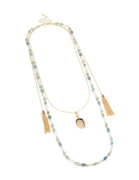 Gold Tassel & Blue Beaded Layered Necklace - link has visual effect only