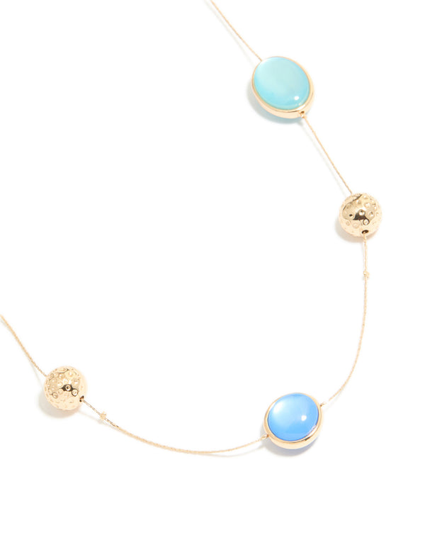 Gold Long Blue Beaded Necklace