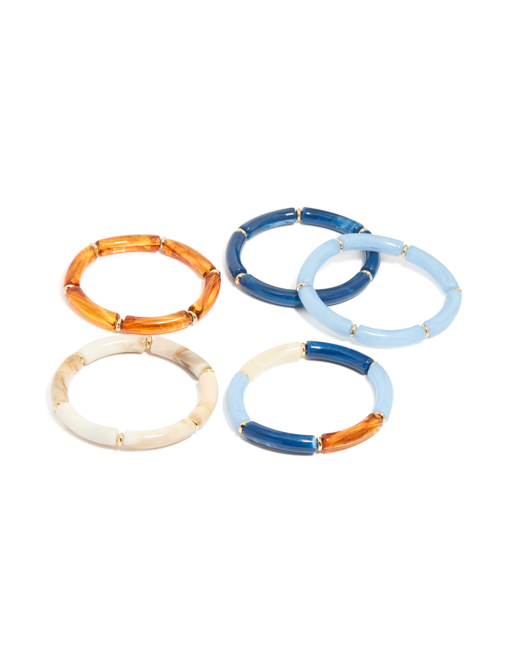 Featuring beaded stretch bracelets in a 5-pack with gold accents, light blue, dodger blue, and orange front view