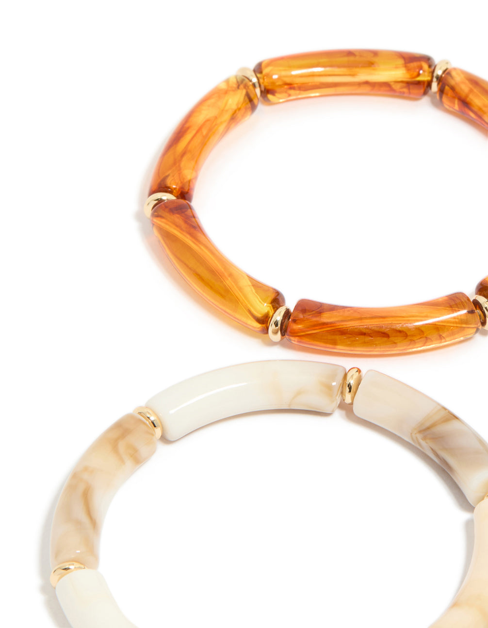 Crafted from beaded acrylic with gold spacers in light blue, dodger blue, and orange close up view