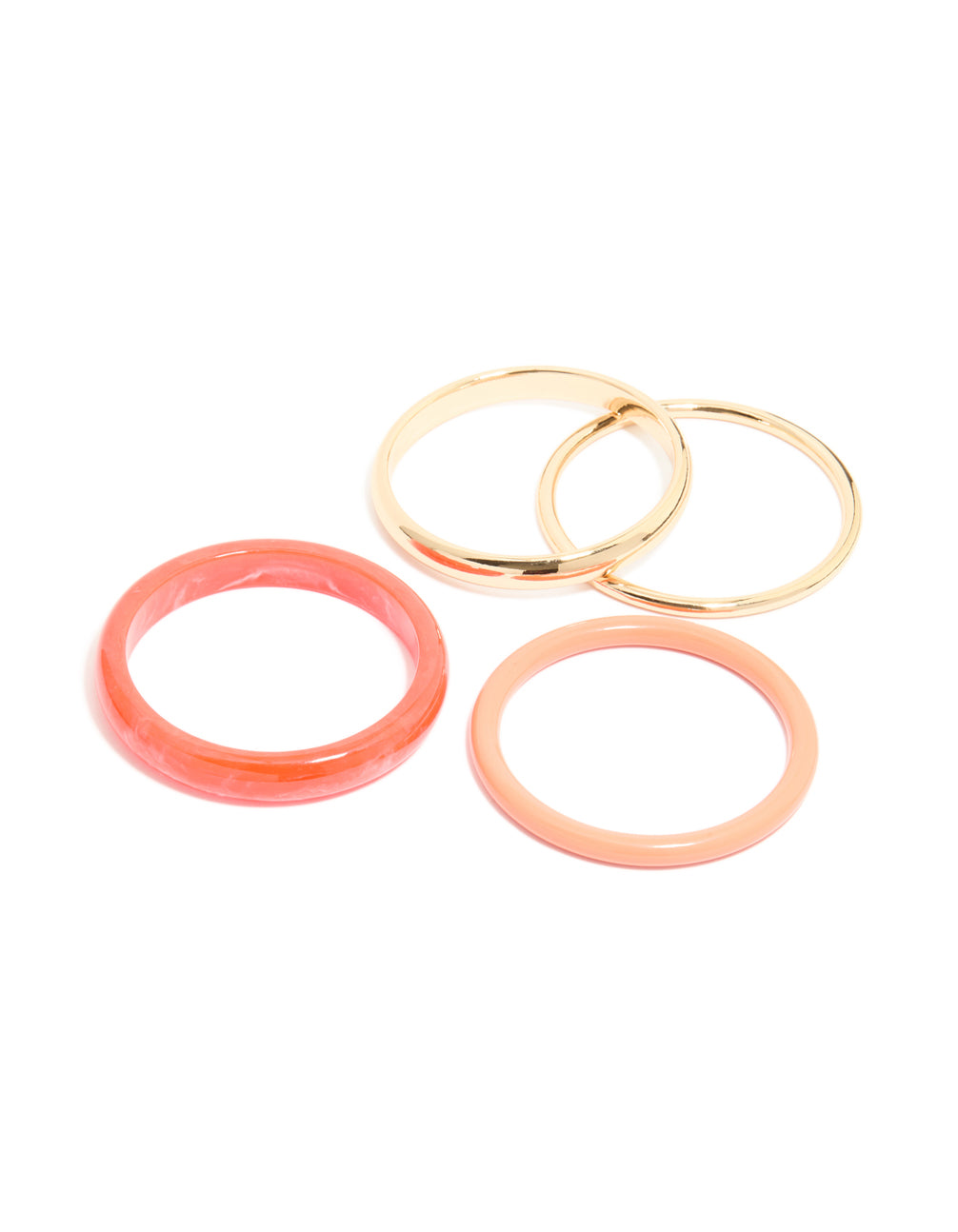 Featuring acrylic coral thin bangles with marble pattern and gold accents in a 4-pack set front view