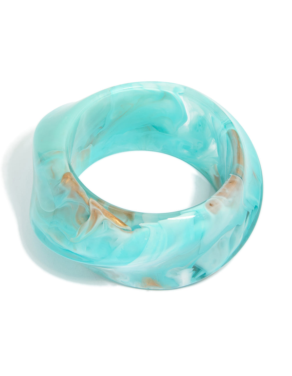 Explore this light turquoise and tan marbled acrylic statement bangle with chunky design front view