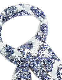 Crafted white and blue fabric scarf with paisley print in royal detail view - link has visual effect only