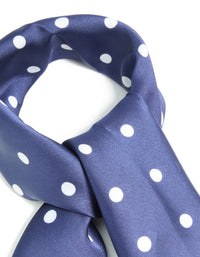Crafted from navy and white polka dot fabric square bordered scarf detail view - link has visual effect only