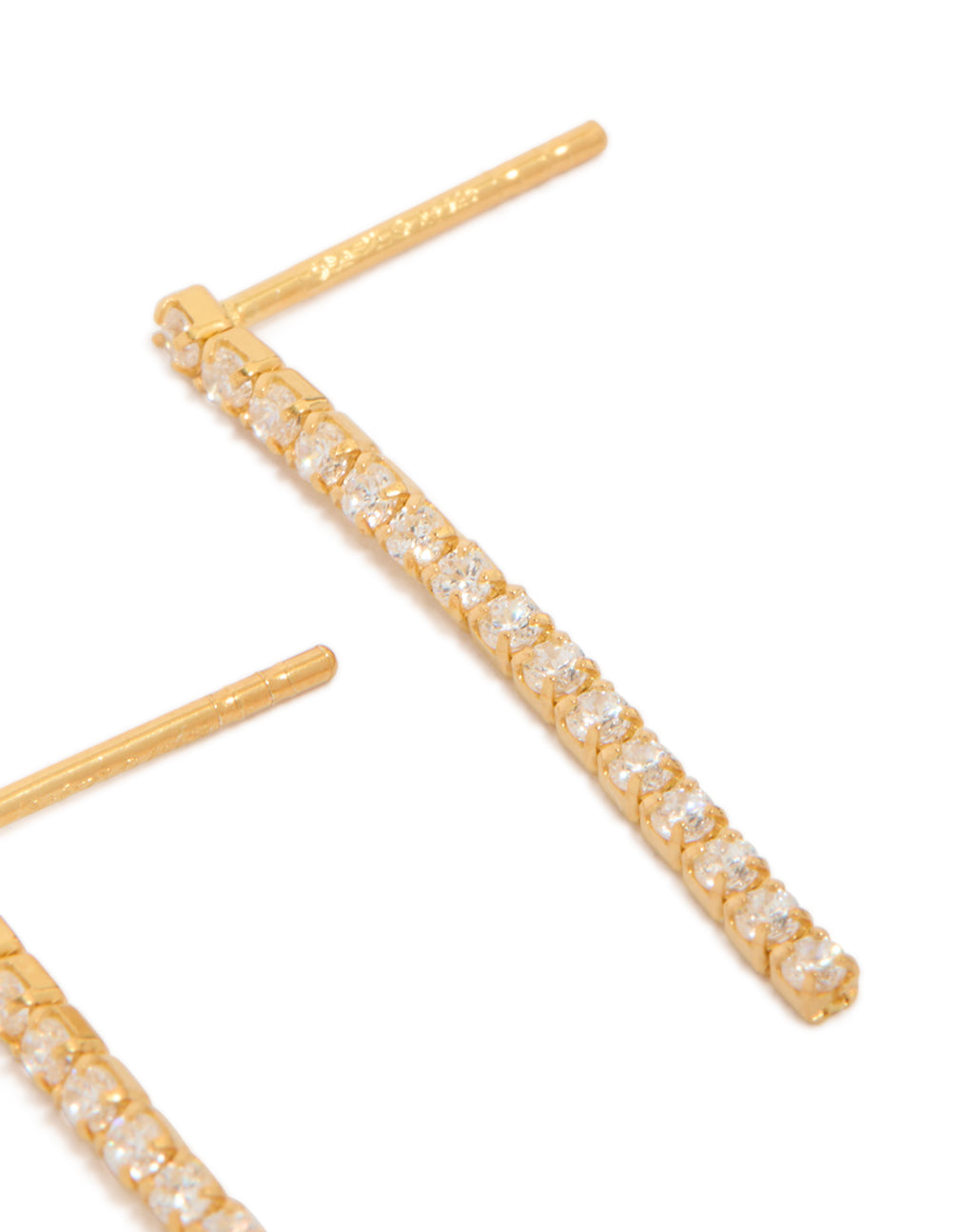 Stunning drop earrings in gold plated sterling silver with cubic zirconia post detail view