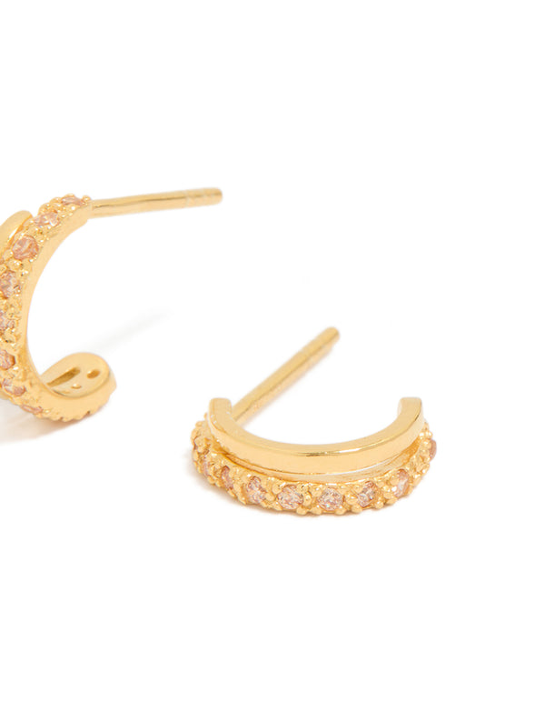 Gold Plated Sterling Silver Cubic Zirconia Double Hoop Huggie Earrings