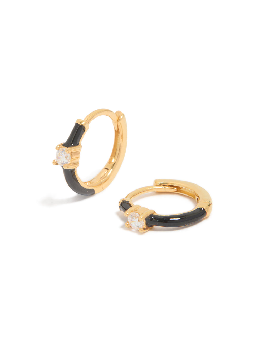 Discover gold plated sterling silver cubic zirconia and black enamel huggie earrings in a hoop closure front view