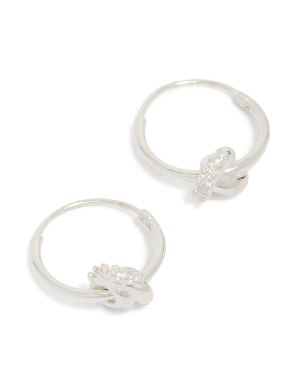 Showcasing sterling silver cubic zirconia knotted hoop earrings with a polished finish in front view