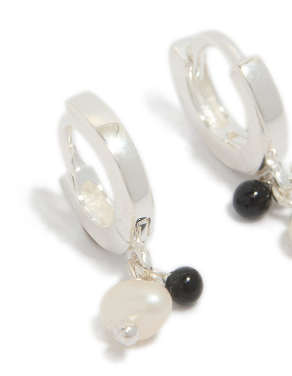 Sterling Silver Pearl & Black Stone Drop Huggie Earrings