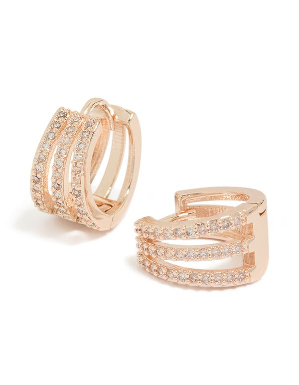 Rose Gold Plated Cubic Zirconia Layered Hoop Earrings