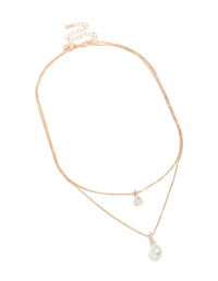 Rose Gold Plated Cubic Zirconia & Pearl Double Layered Necklace - link has visual effect only