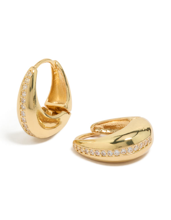 Discover teardrop huggie earrings crafted from gold plated brass with cubic zirconia accents front view