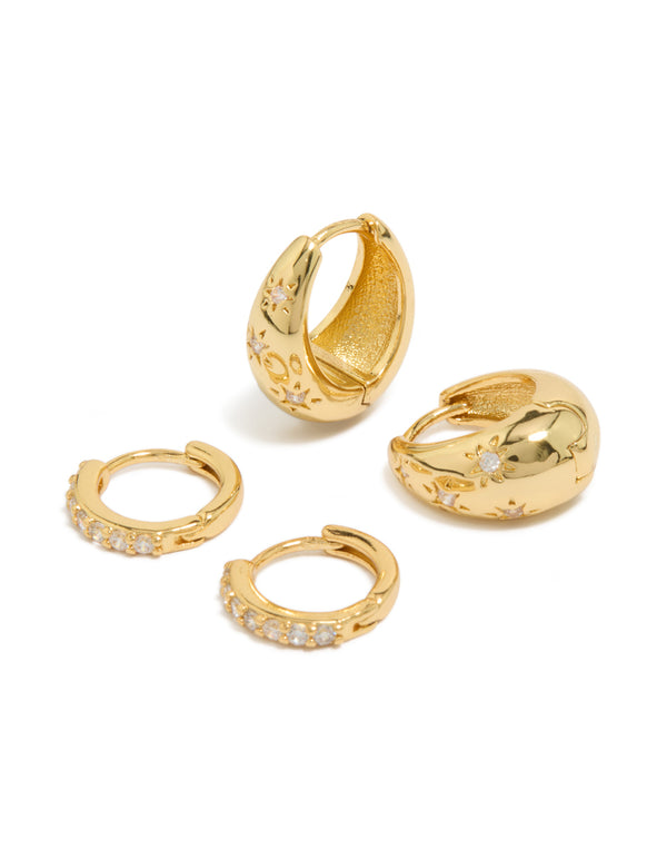 Showcasing dainty gold plated brass huggie earrings in a 2-pack featuring celestial star and teardrop designs with fine cubic zirconia crystal accents front view