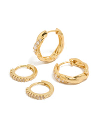 Showcasing gold plated brass woven and fine cubic zirconia huggie earrings in a 2-pack with crystal accents with hoop closure front view - link has visual effect only