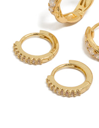 Elegant gold plated brass woven and fine cubic zirconia huggie earrings in a 2-pack featuring crystal details with hoop closure close up view - link has visual effect only