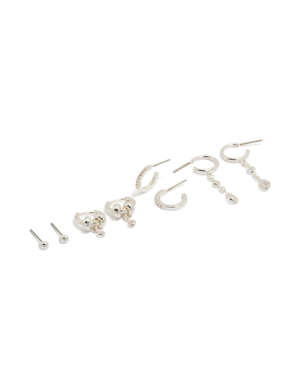 These dainty silver plated brass double rondell huggies and stud earrings feature crystal accents in a convenient 4-pack front view