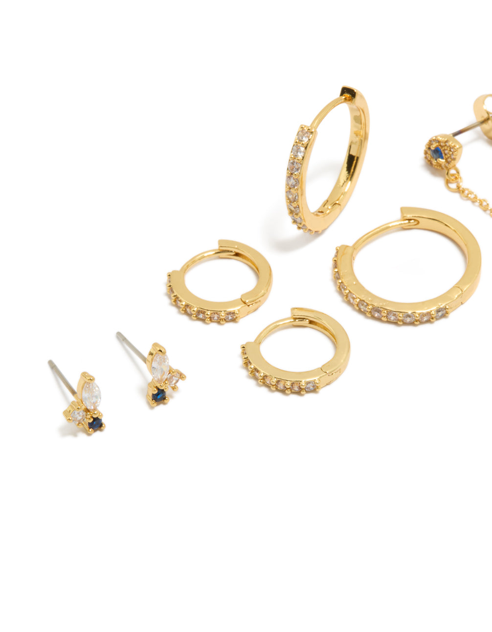 Explore gold plated brass blue cubic zirconia evil eye chain and huggie earrings 4-pack featuring crystal embellishments close up view