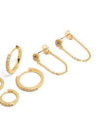 Designed with gold plated brass, blue cubic zirconia evil eye chain and huggie earrings 4-pac with, crystal features post detail view - link has visual effect only
