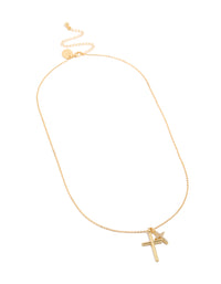 Elegant gold plated brass double cubic zirconia cross necklace with charm in statement style front view - link has visual effect only